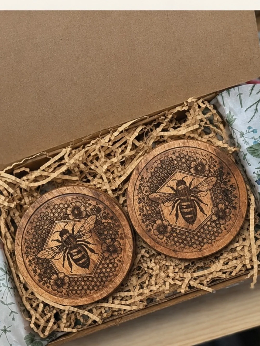 Handcrafted Engraved Acacia Wood Bee Coasters – Set of 4